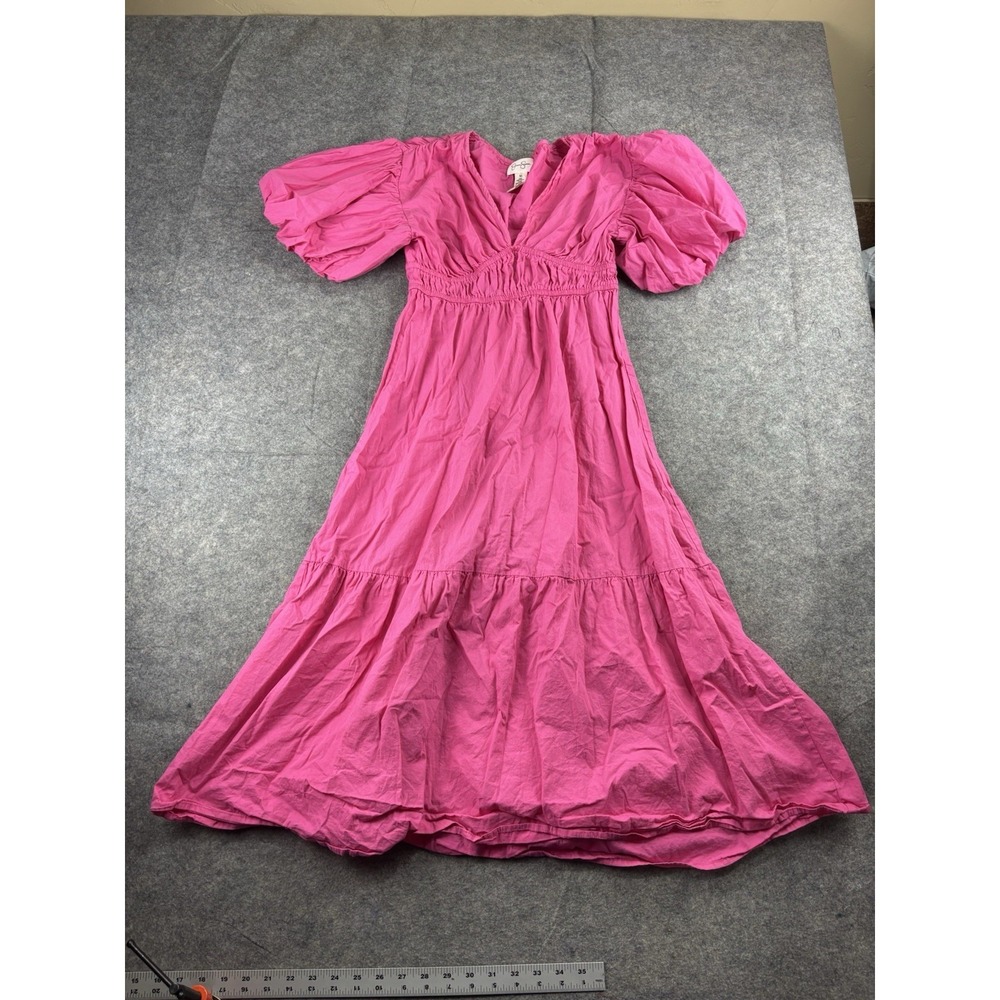Jessica Simpson Women's M Pink Puff-Sleeve Tiered Midi Dress Girly Cottagecore